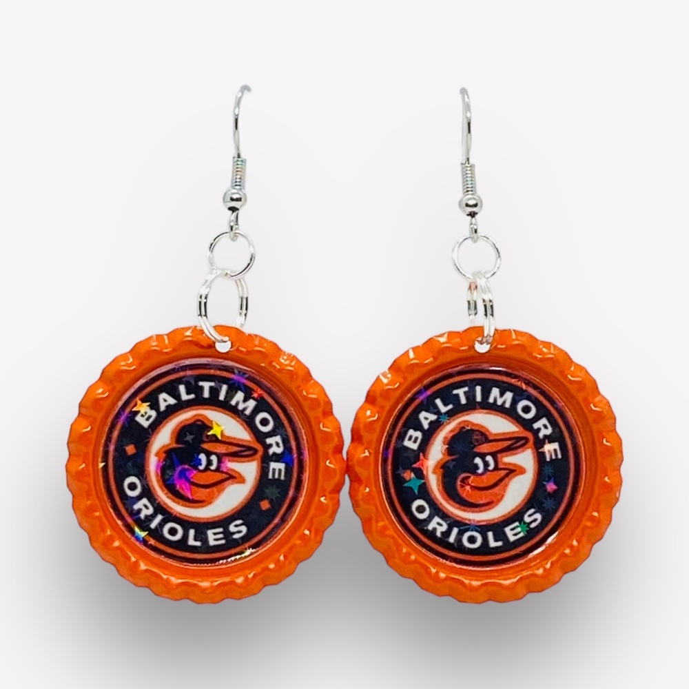 Baltimore Orioles Baseball Bottle Cap Earrings - Picture 2 of 5